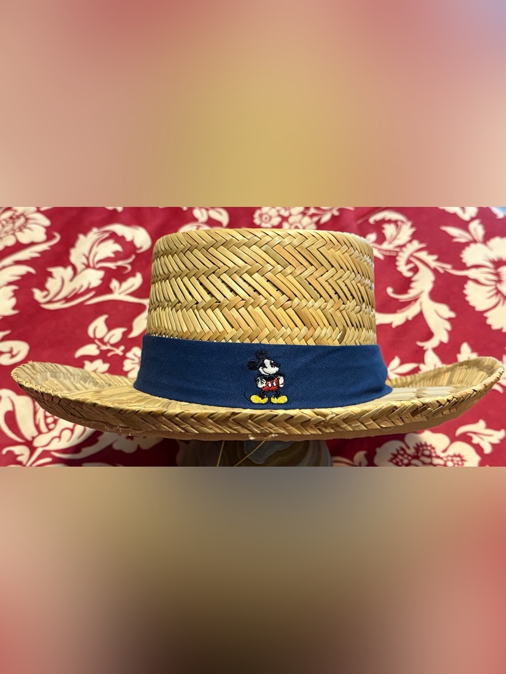 Disney Beige Straw Boater Hat with Navy Trim